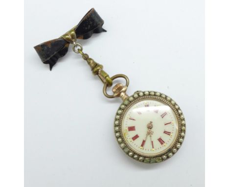 A lady's .800 silver, enamel and pearl watch suspended brooch watch, some pearls a/f 