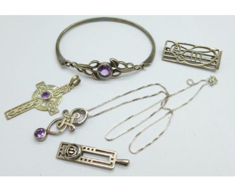 A silver Rennie Mackintosh brooch and other silver Celtic style jewellery 