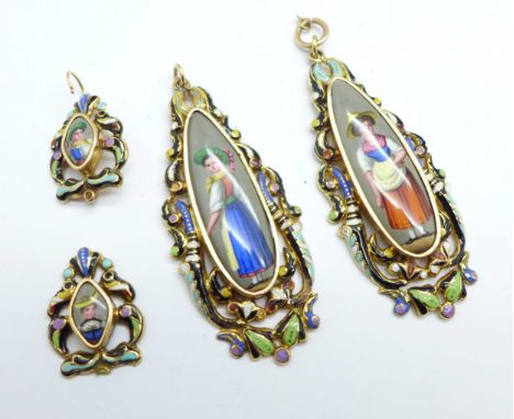 A pair of yellow metal and enamel pendant earrings, for repair, border enamel a/f, height of main drop 55mm 