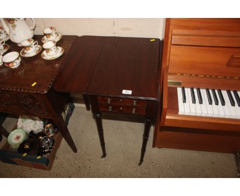 A 19th Century drop leaf work table, raised on tapered ring turned supports 