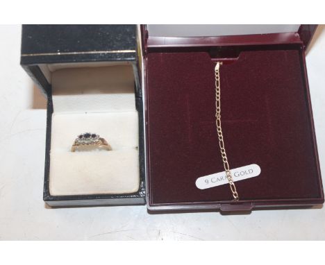 A 9ct gold ring, ring size O, approx. 1.5gms; and a 9ct gold bracelet approx. 0.5gms 