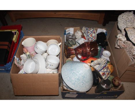 Two boxes of miscellaneous china, glass and pottery to include Worcester, Carlton ware and Rye