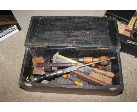 A mahogany box and contents of various tools