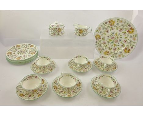 A MINTON "HADDON HALL" PATTERN PART TEA SET, comprising, serving plate, six tea plates, six saucers, six cups, together with 