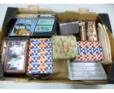 SCALEXTRIC ACCESSORIES including; grandstand and spectators in original vending box, control tower, officials building, vario