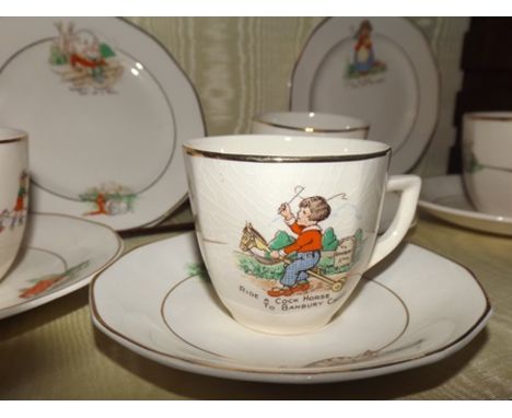 A CHILDS "SYLVAN" POTTERY NURSERY TEA SET, with nursery rhyme decoration, comprising; teapot, milk jug, sugar bowl, four tea 