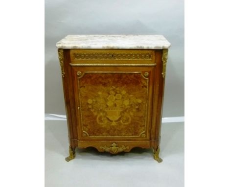 A FRENCH EMPIRE DESIGN PIER CABINET, having marble top, marquetry inlaid single door with urn of flowers design, decoratively