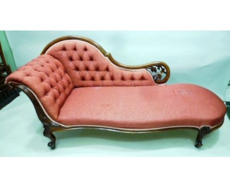 A VICTORIAN MAHOGANY CHAISE LONGUE, moulded and carved with scrolls and acanthus, red dralon cover, raised on cabriole legs w