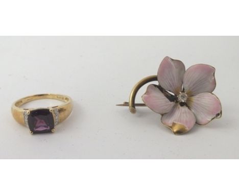 A 9CT GOLD DRESS RING set with treated amethyst and diamonds, size P, and a diamond and enamel part gold coloured metal set B