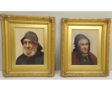 BRITISH SCHOOL A pair of Portrait studies in the Newlyn manner, a fisherman wearing a sou-wester and lady in bonnet, Oils on 