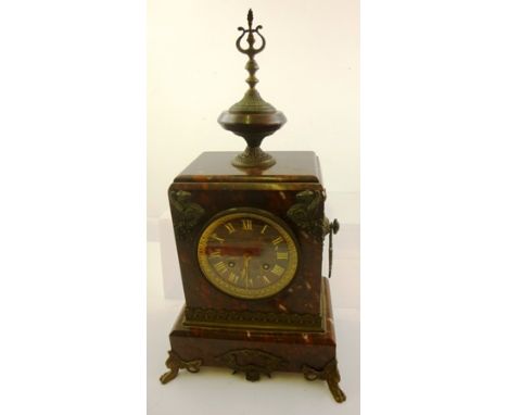 A LATE 19TH/EARLY 20TH CENTURY FRENCH RED MARBLE MANTEL CLOCK, having ornate cast metal mounted case with top urn finial, 8-d