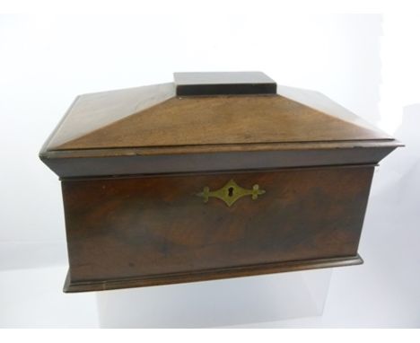 A 19TH CENTURY REGENCY MAHOGANY SARCOPHAGUS FORM TEA CADDY fitted ring drop handles, decorative brass escutcheon, the hinged 