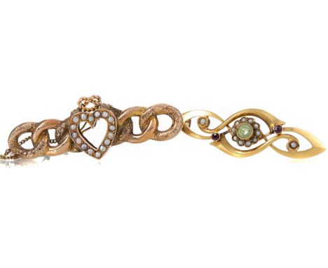 TWO GOLD BAR BROOCHES including a peridot, garnet and seed pearl example along with a seed pearl heart motif bar brooch, each