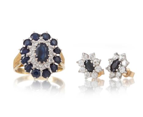 SAPPHIRE AND DIAMOND RING ALONG WITH A PAIR OF GEM SET EARRINGS the ring in eighteen carat gold, the earrings set with sapphi