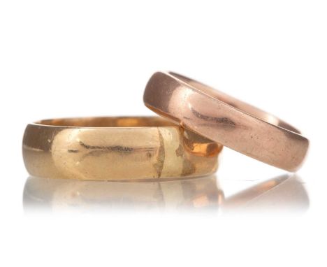 TWO WEDDING RINGS one in fourteen carat gold,4.6g, the other in nine carat gold, 2.7g (2)Smaller ring misshapen - approx size