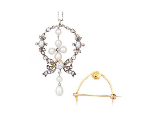 EDWARDIAN PEARL AND DIAMOND PENDANT set with old cut diamonds and pearls, with brooch fixture, in original fitted boxpendant 