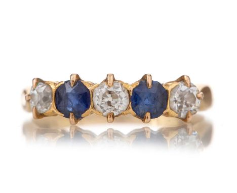 SAPPHIRE AND DIAMOND RING EARLY 20TH CENTURY  set with alternating diamonds and sapphires, unmarked, size M, 2.7g
