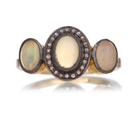 OPAL THREE STONE RING the opals totalling approximately 1.40 carats, and the diamonds totalling approximately 0.14 carats, un