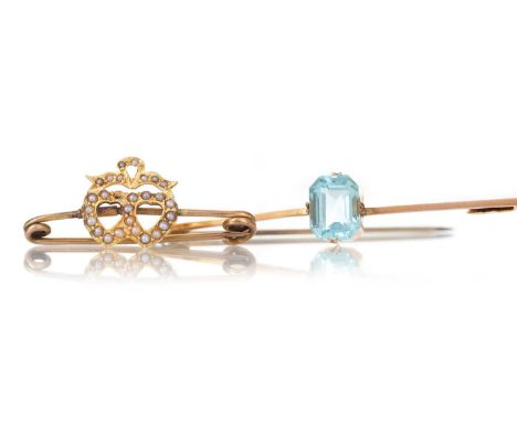 SEED PEARL HEART BROOCH  ALONG WITH A TOPAZ BAR BROOCH the seed pearl brooch in fifteen carat gold, 2.4g, the bar brooch in n