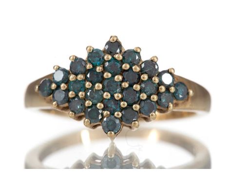 TREATED BLUE DIAMOND RING set with round stones, in nine carat gold, size O 1/2, 2.9g