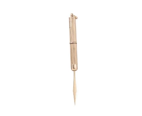 GOLD PROPELLING TOOTHPICK with engine turned decoration to the case, 75mm long when extended, in nine carat gold, 5.8g