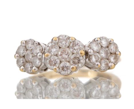 DIAMOND TRIPLE DAISY CLUSTER RING set with round brilliant cut diamonds totalling approximately 1.50 carats, in eighteen cara