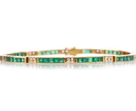 EMERALD AND DIAMOND BRACELET set with step cut emeralds interspaced by pairs of diamond chips, approximately 19cm long, marke