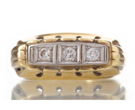 DIAMOND THREE STONE RING EARLY 20TH CENTURY  set with three small diamonds, unmarked, size M, 3.4g