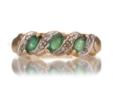 EMERALD AND DIAMOND RING set with marquise emeralds interspaced by diamond chips, in nine carat gold, size N, 2.3g