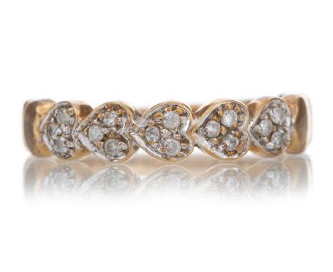 DIAMOND HEART BAND the heart motifs set with small diamonds, in nine carat gold, size M 1/2, 2.1g