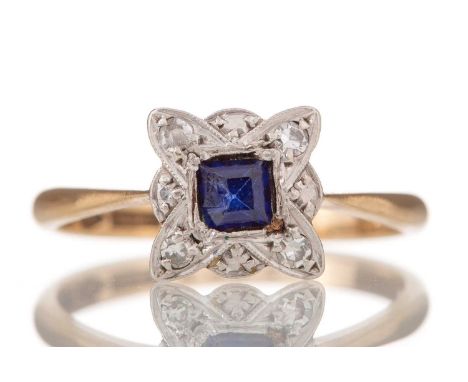 SAPPHIRE AND DIAMOND RING the square sapphire flanked by diamond chips, in nine carat gold, size K 1/2, 1.7g Qty: 2g 