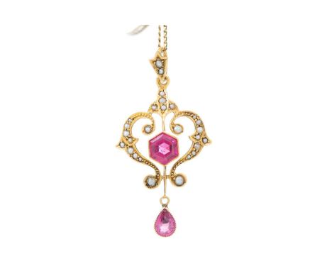 PINK GEM SET AND SEED PEARL HOLBEIN set with a hexagonal and a pear shaped gem, set with seed pearls, in nine carat gold