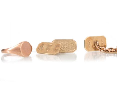 GOLD SIGNET RING ALONG WITH A PAIR OF GOLD CUFFLINKS  each in nine carat gold, 9.4g gross (2)
