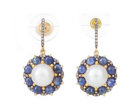 PAIR OF PEARL, SAPPHIRE AND DIAMOND EARRINGS the central pearls flanked by cabochon sapphires and diamond chips, suspended fr