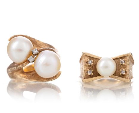 TWO PEARL AND DIAMOND RINGS C.1970S one set with two pearls spaced by two small diamonds, the other with a single pearl flank