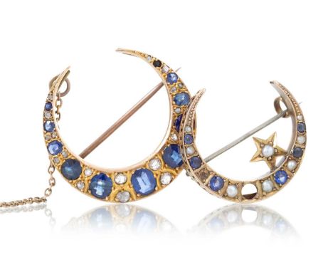 VICTORIAN SAPPHIRE AND DIAMOND CRESCENT BROOCH ALONG WITH ANOTHER set with cushion cut sapphires interspaced by rose cut diam