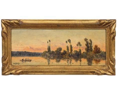(1810 Joigny/Yonne - 1910 Paris)Sommerliche Flusslandschaft mit Ruderboot im AbendlichtMotiv- und stiltypische, impressionist