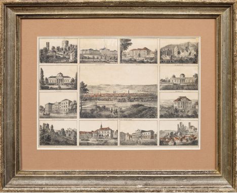 Lithographie/Papier, um 1870. Zentrale Gesamtansicht von Göttingen "vom Wege nach Rohns", umrahmt von 11 Randansichten der St