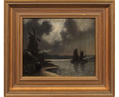 (1834 Triebsees - 1924 Barth an der Ostsee) Mühle am SeeUnter dunklen Wolken wirft der schimmernde Mondschein sein spärliches