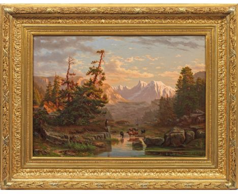 (1826 Arnham - 1903 Santpoort)Kühe im Berner OberlandVor sanft beleuchteter alpiner Kulisse und unter harmonischem Wolkenspie