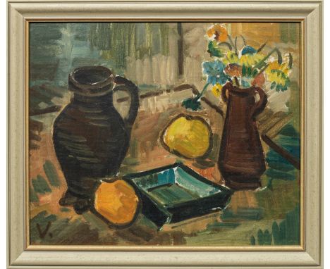 (1910 Brockel - 2006 Rotenburg/Wümme)"Krug mit Apfel und Blumen." OriginaltitelIn expressionistischem Duktus und dominanter, 