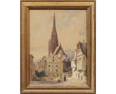 (Tätig um 1850)Ansicht von EsslingenHistorische Vedute mit Blick auf den gotischen Bau der Frauenkirche von Osten her. Aquare