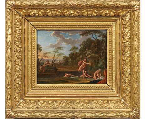 (Um 1734 Paris - 1785 ebenda) attr.;Badende Nymphen an einem Weiher, überrascht von zwei FaunenFeinmalerisch ausgeführtes Kab