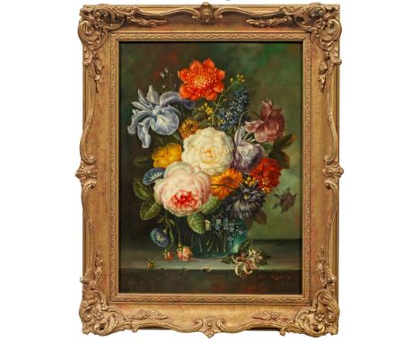 (England 1878 - 1939)Buntes BlumenstilllebenAuf Steinkonsole der bunte Sommerblumenstrauß in kugeliger Glasvase. Ein in altme