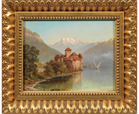 (1840 Bern - 1920 Thun)Ansicht von Chateau Chillon am Genfer SeeAtmosphärisch gestimmter Blick über den stillen, sommerlichen