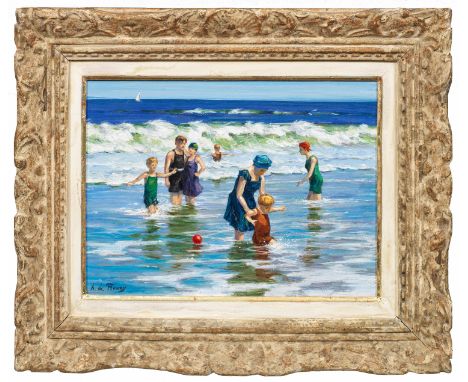 (Geb. 1957 in Budapest)StrandvergnügenLichtdurchflutete, sommerlich heitere Strandszene mit badenden Familien und Kindern. Sp