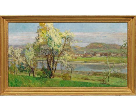 (1881 Tábor - 1955 Prag)Flusslandschaft mit Kirchdorf im FrühlingSpätimpressionistisches Werk des tschechischen Malers, der z