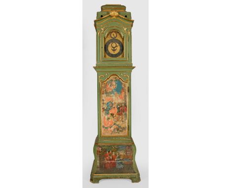 Holz, grün gefasst sowie teilw. geschnitzt, gefasst und vergoldet. Gerader, hochrechteckiger, eintüriger Korpus auf geschweif