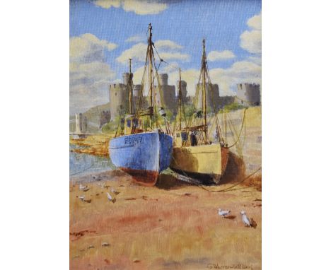 G WARREN WILLIAMS (son of Warren Williams) oil on board - fishing boats tied up at quayside at low tide with Conwy Castle beh