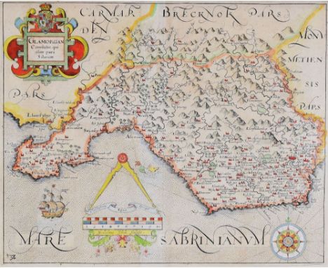 SAXTON & HOLE COLOURED MAP OF 'GLAMORGAN' with decorative cartouche, compass and scale, numbered 28 to bottom left corner, 29